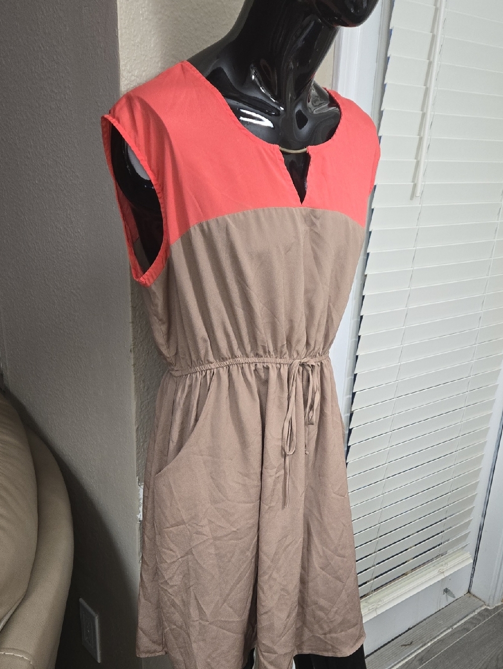 Coral and Taupe Colorblock Drawstring Mini Dress